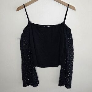 La Banga | Black Cold Shoulder Burnout Top Crochet Arms Whimsigoth Size Large